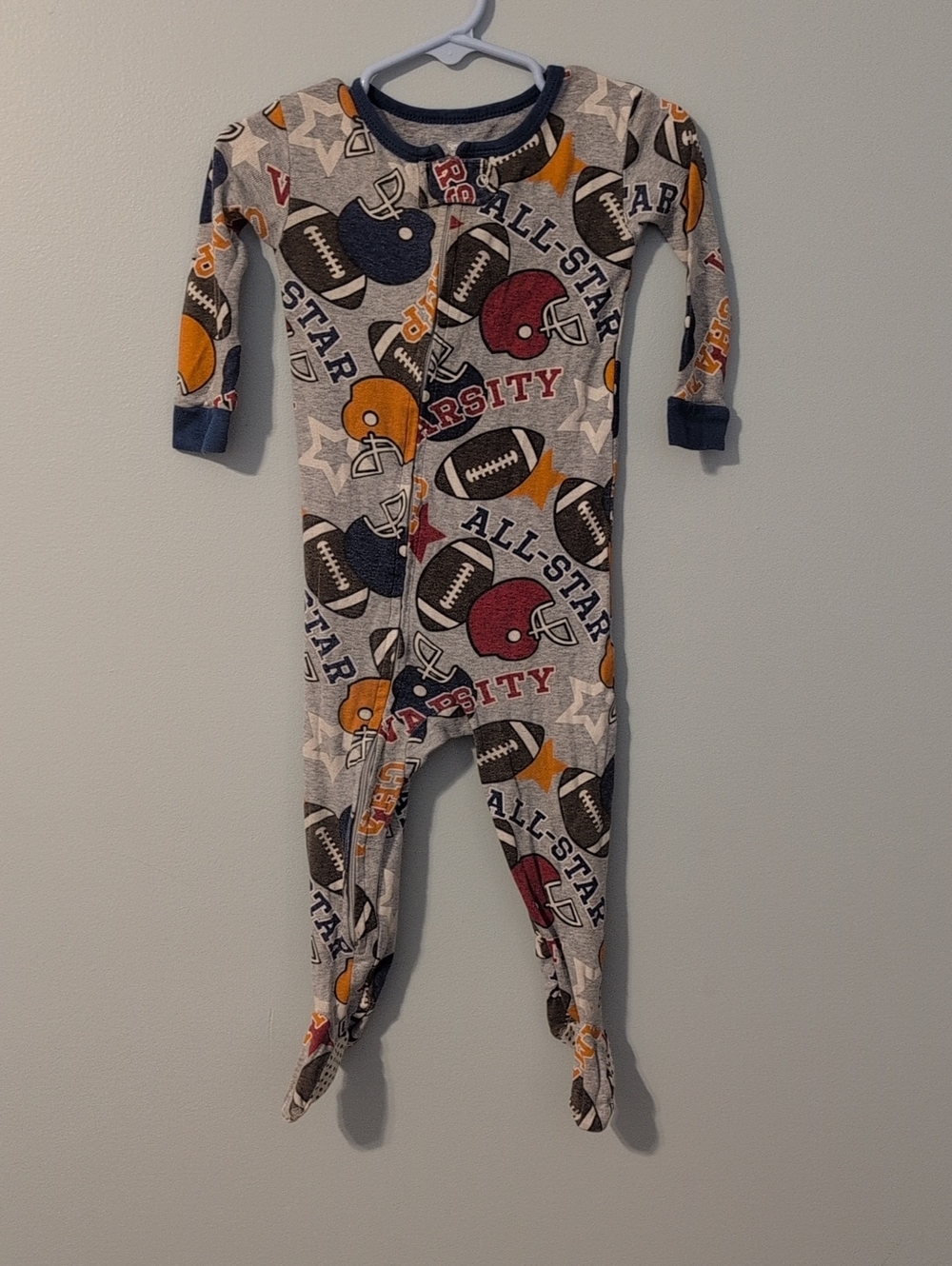 Koala Kids Grey Football Helmet Print Footed One-Piece